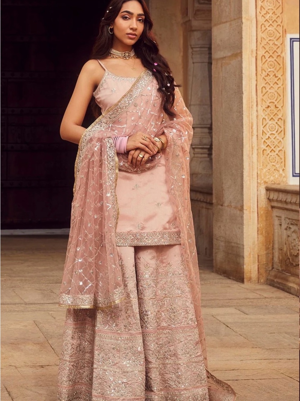 Dusty Pink Embroidered Silk Sharara Suit